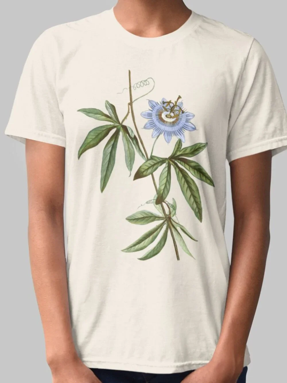 Blue Passionflower Vintage Floral Print Short Sleeve Graphic Tee T-shirt S-XXL